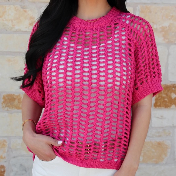 Grace & Lace Tops - Grace & Lace Open Knit Short Sleeve Pullover